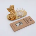 Goldenes betendes Engel-Ornament mit Kronen-Glaskerzenhalter und Metalltablett-Set - Transparenter Kronenhalter + Betender Engel Mädchen (Gold) Set