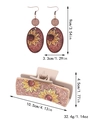 Detailed view of sunflower cactus leather hair claw and earrings with exact dimensions - 90057 Sunflower Reddish Brown Background Set