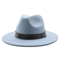 Detail of light blue wool fedora featuring a grey snake skin band and gold metal rivet - Sky Blue