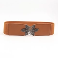 Women's wide elastic waist belt in brown with decorative vintage镂空 metal buckle - 19267 Camel-Hollow Leaf Buckle