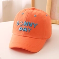 Close-up of Sunny Day 3D embroidery on breathable orange cotton twill baseball cap - 52cm (2-5 Years) / Orange