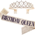 Golden Birthday Queen sash and rhinestone crown tiara set for birthday party events - Gold Crown And Gold Birthday Queen Sash