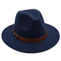 Close-up of the dark blue fedora hat with brown leather belt and silver ring buckle - Navy Blue