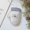Handmade white wool felt glove Christmas ornament with brown embroidered snowflake - Gloves / 9x11cm / White