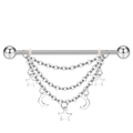 Silver stainless steel industrial barbell earring with layered chains, star and moon charms - Silver Moon Star Chain