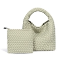 Sage green woven leather bucket bag set with matching inner pouch and luxury texture - Mint Green
