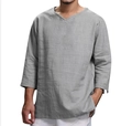 Camisa casual de lino y algodón gris para hombre con cuello en V y ajuste holgado - M / Tops / Gris