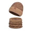 Winter knitted beanie and neck warmer set in earth brown with thick fleece lining - 2-Piece Set - Khaki