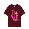 T-shirt bordeaux a maniche corte con stampa grafica LOVE creativa per le donne - Borgogna