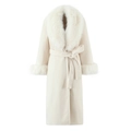 Elegant ivory long wool coat with premium faux fur collar, plush cuffs and waist tie belt - S / White