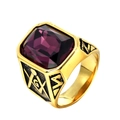 Anello massonico dorato con grande gemma viola rettangolare e incisione del simbolo G - Misura 7 / Oro Nero con pietra viola