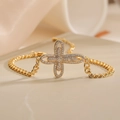 Lussuoso bracciale a catena cubana placcato oro 18K con pendente a croce in zircone lucido - Stile Croce con Pavé di Strass (31591)
