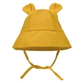 Detail eines gelben Baumwoll-Sonnenhuts für Babys mit süßen Ohren und Bindeband - Kurkuma