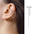 Silver bow ear cuff with zircon wave and long tassel chains for non-pierced ears - Single Right Ear Wave Tassel Ear Cuff