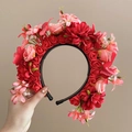 Traditional Chinese flower headband for girls with red and pink roses on black base - Eternal Floral
