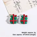 Miniature green Christmas gift box resin earring studs with red ribbon bow decoration - Gift Box