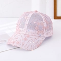 Close-up of pink mesh baseball cap with 3D floral appliqués and shimmering sequins - L (58-60cm) / Pink