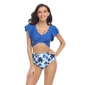 Two-piece bikini set with royal blue ruffle top and blue palm print high waist bottom - L / Dark Blue