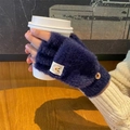 Navy blue plush convertible gloves with button and cartoon label worn by model - One Size / Navy Blue (Simple Style)