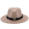 Detail of pink straw fedora featuring ethnic band and metal bull head ornament - M(56-58cm) / Dusky Pink