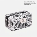 White floral patterned makeup bag 18x10x10cm with black zipper and geometric print - Pillow Bag / White