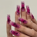 Detailed close-up of long square press-on nails with 3D water drop relief and tribal art - Pink Purple Gradient Tribal 3D Drops (DS13)