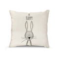 Cute cartoon rabbit linen pillowcase with 'BE HAPPY' text on a beige cushion cover - Rabbit