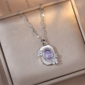 Titanium steel necklace with purple gemstone, pearl border and white flower pendant - Purple Gemstone Flower Necklace (X1436) / Steel Purple Style