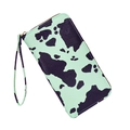Mint green cow print PU leather long wallet with zipper closure and matching wrist strap - Green and Black Cow Print / Green