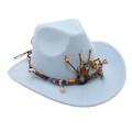 Detail of light blue cowboy hat featuring brown leather cord, wood beads and shell pendant - One Size / Sky Blue
