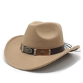 Close-up of khaki wool felt cowboy hat featuring leather band and metal bull head emblem - M(56-59CM) / Camel