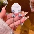 Silver 925 heart earrings with clover rhinestones and long tassel chain fringe - E6779 Silver
