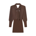 Elegant dark brown long sleeve dress with bow collar and sheer pleated details - XS / Coffee