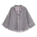 Detail of loose black and white vertical striped linen shirt with wide sleeves - Black Stripe