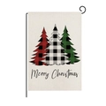Linen Christmas garden flag featuring three plaid trees and Merry Christmas text - Style ZQ008-7 (Three Plaid Trees)