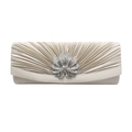 Detail of champagne satin evening clutch with radial pleats and oversized rhinestone flower - Apricot