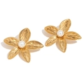 Vintage 18K gold plated stainless steel frangipani flower earrings with white pearl detail - Plumeria Faux Pearl Stud Earrings / Gold