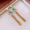 Classic gold tassel earrings with teal enamel lotus flowers and white pearls - Gold Classical Enamel Lotus Pearl (27#)