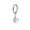 Detail of silver clover and heart charms on minimalist punk stainless steel hoop earring - Heart Clover