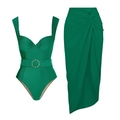 Detail of emerald green one-piece swimsuit with metallic belt and wrap maxi skirt - S / Suspender Swimsuit Set