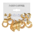 Set of 6 gold-tone alloy earrings featuring pearls and geometric hoop designs on card - 6 Pairs Set / Gold White