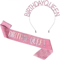 Pink glitter sash and rhinestone headband set featuring Birthday Queen text detail - Birthday Queen / Queen Holographic Pink Set