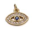 Golden Evil Eye pendant with blue zircon and clear crystals on a white background - CX141-13A Blue Zircon Eye Gold