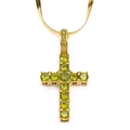 Detail of gold snake chain with cross pendant featuring eleven green round-cut zircons - Gold Olive Green Gemstone