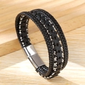 Zweilagiges geflochtenes Herrenarmband aus Mikrofaserleder mit silbernem Magnetverschluss aus Stahl - Schwarz + Silberner Stahl