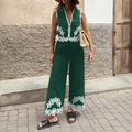 Ensemble haut sans manches et pantalon large vert foncé avec broderie bohème - S / Vert