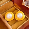 Vintage gold round stud earrings with large central white pearl and textured metal finish - 6# Silver Pin-Matte Gold Pearl