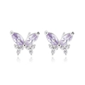 Silver butterfly stud earrings with purple marquise gems and clear crystals on white base - Platinum Purple Butterfly Style (E2539)