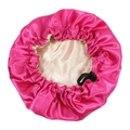 Kids adjustable double-layered satin bonnet in rose red and champagne with black buckle - New Flat Buckle / Rose Red