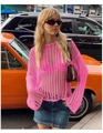 Detail of pink crochet knit beach cover-up with flared sleeves and hollow-out pattern - S / Rose Red